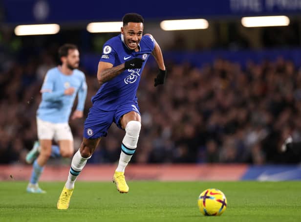Pierre-Emerick Aubameyang of Chelsea chases the loose ball during the Premier League match between Chelsea FC and Manchester City
