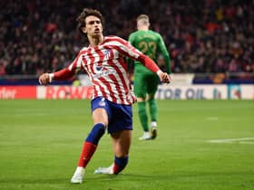 Joao Felix of Atletico Madrid celebrates after scoring their sides first goal during the LaLiga Santander match between Atletico de Madrid