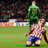 Joao Felix of Atletico Madrid celebrates after scoring their sides first goal during the LaLiga Santander match  (Photo by Denis Doyle/Getty Images)