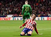 Joao Felix of Atletico Madrid celebrates after scoring their sides first goal during the LaLiga Santander match  (Photo by Denis Doyle/Getty Images)