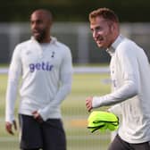 Dejan Kulusevski (R) takes part in a team training session at Tottenham Hotspur Football Club Training Ground  (Photo by Adrian DENNIS / AFP) (Photo by ADRIAN DENNIS/AFP via Getty Images)