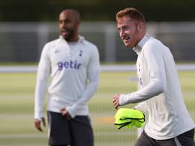 Dejan Kulusevski (R) takes part in a team training session at Tottenham Hotspur Football Club Training Ground  (Photo by Adrian DENNIS / AFP) (Photo by ADRIAN DENNIS/AFP via Getty Images)