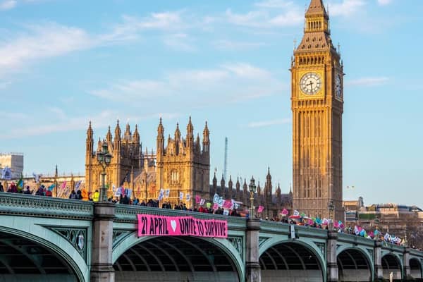 Extinction Rebellion protesters formed a human chain along Westminster Bridge is first non-disruptive protest. Credit: Extinction Rebellion