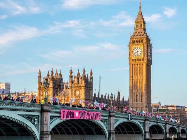 Extinction Rebellion protesters formed a human chain along Westminster Bridge is first non-disruptive protest. Credit: Extinction Rebellion