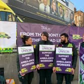 Striking ambulance workers outside Waterloo Ambulance Centre. Credit: Claudia Marquis