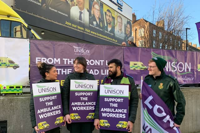 Striking ambulance workers outside Waterloo Ambulance Centre. Credit: Claudia Marquis