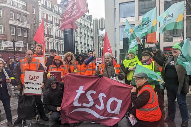 Members of TSSA and Prospect Unions outside Paddington Station as Elizabeth line staff walkout for the first time