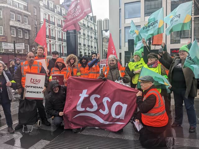 Members of TSSA and Prospect Unions outside Paddington Station as Elizabeth line staff walkout for the first time