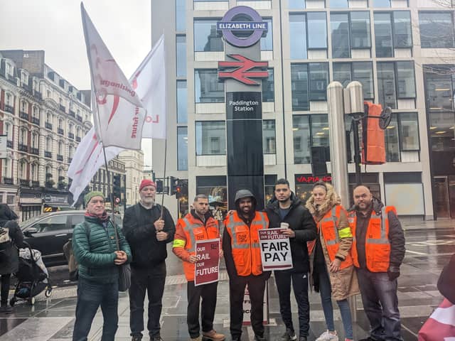 TSSA and Prospect members on the picket line outside Paddington Station. Credit: Lynn Rusk