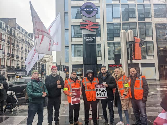 TSSA and Prospect members on the picket line outside Paddington Station. Credit: Lynn Rusk