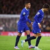  Thiago Silva of Chelsea interacts with Joao Felix of Chelsea as he leaves the pitch after receiving a red card during the Premier League match 
