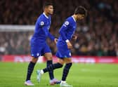  Thiago Silva of Chelsea interacts with Joao Felix of Chelsea as he leaves the pitch after receiving a red card during the Premier League match 