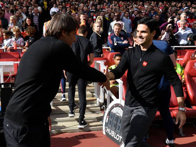  Mikel Arteta the Arsenal Manager shakes hands with the Tottenham Manager Antonio Conte before the Premier League match (Photo by David Price/Arsenal FC via Getty Images)