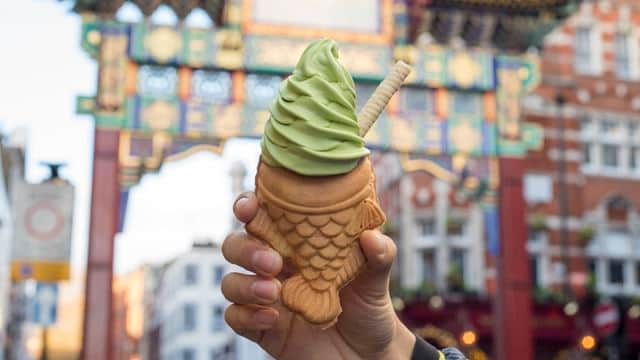  Taiyaki, a fish-shaped waffle filled with matcha ice cream. Credit: Leyla Kazim