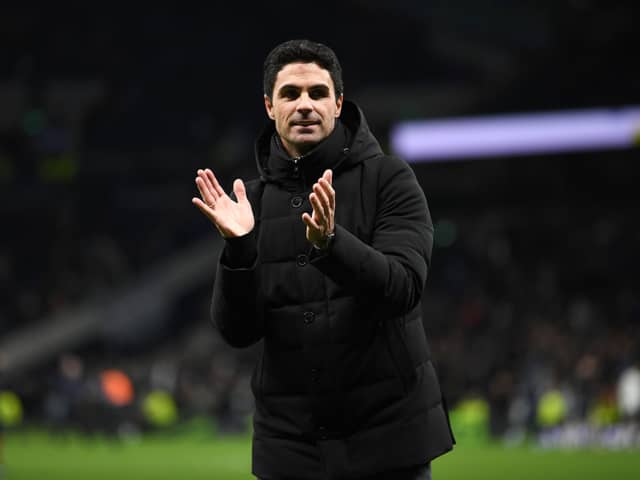 Arsenal Manager Mikel Arteta claps the fans after the Premier League match between Tottenham Hotspur and Arsenal (Photo by David Price/Arsenal FC via Getty Images)
