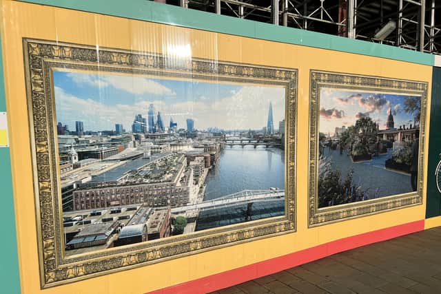 Hoardings showing the plans for One Millennium Bridge, which is being marketed by  CBRE and RX London