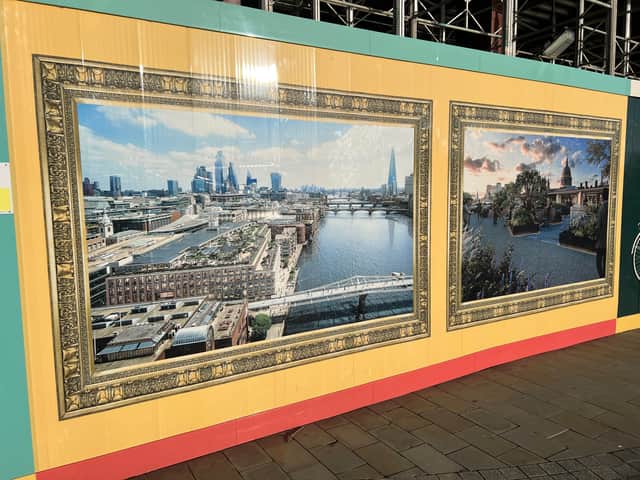 Hoardings showing the plans for One Millennium Bridge, which is being marketed by  CBRE and RX London