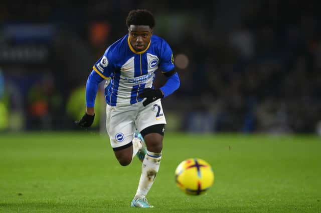  Tariq Lamptey of Brighton & Hove Albion in action during the Premier League match between Brighton & Hove Albion and Arsenal FC  (Photo by Mike Hewitt/Getty Images)