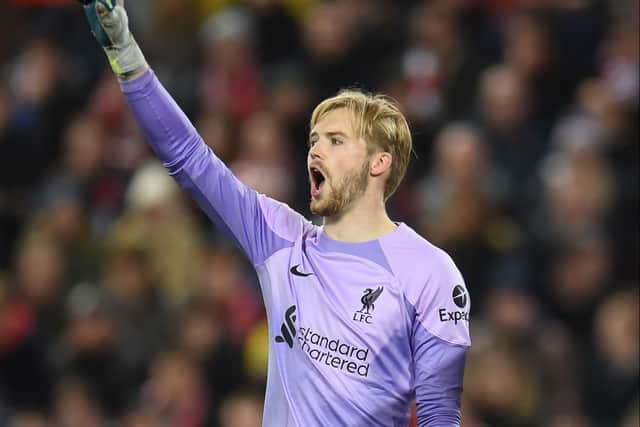 Caoimhin Kelleher playing for Liverpool.  