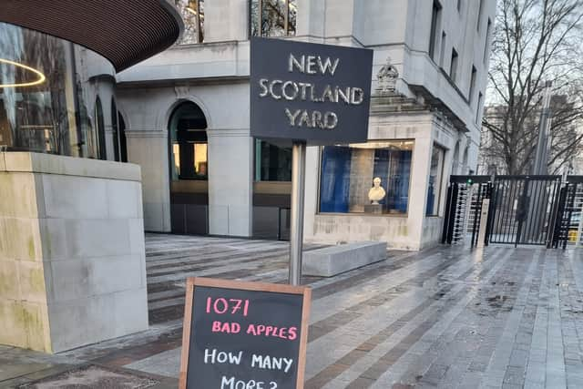 Women’s charity Refuge has placed 1,071 ‘bad apples’ outside the Met Police HQ in London. Photo: LondonWorld