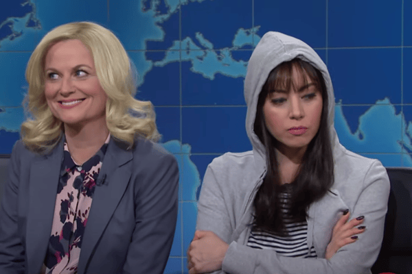 Fans of Parks and Recreation were treated to an impromptu reunion as Amy Poehler joined former castmate Aubrey Plaza during this weekend’s Saturday Night Live (Credit: NBCUniversal)