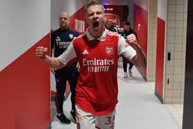Arsenal’s Oleksandr Zinchenko celebrates after the Premier League match between Arsenal FC and Manchester United at Emirates Stadium (Photo by Stuart MacFarlane/Arsenal FC via Getty Images)