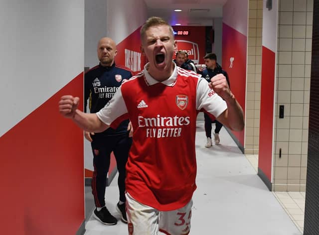 Arsenal’s Oleksandr Zinchenko celebrates after the Premier League match between Arsenal FC and Manchester United at Emirates Stadium (Photo by Stuart MacFarlane/Arsenal FC via Getty Images)