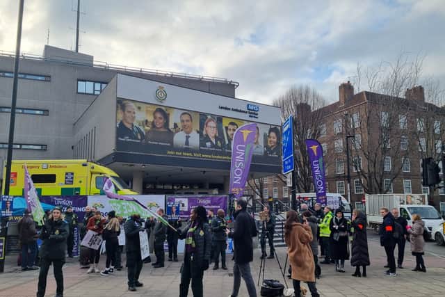 Striking paramedics at Waterloo ambulance station. Photo: LondonWorld