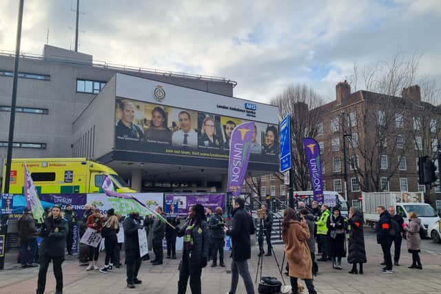 Striking paramedics at Waterloo ambulance station. Photo: LondonWorld