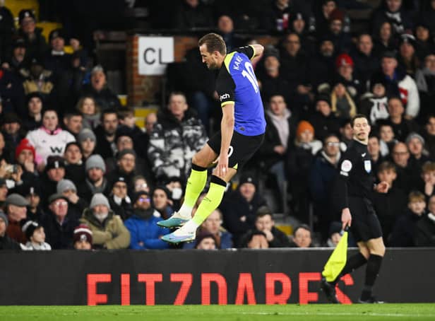 <p>Harry Kane celebrates his first-half goal against Fulham at Craven Cottage</p>