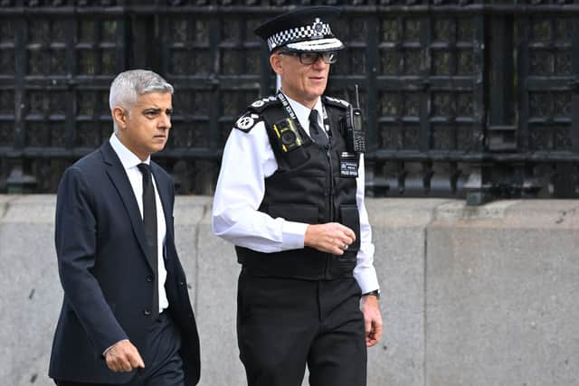 London mayor Sadiq Khan, left, and Met Police commissioner Sir Mark Rowley. Photo: Getty