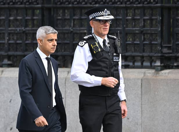 <p>London mayor Sadiq Khan, left, and Met Police commissioner Sir Mark Rowley. Photo: Getty</p>
