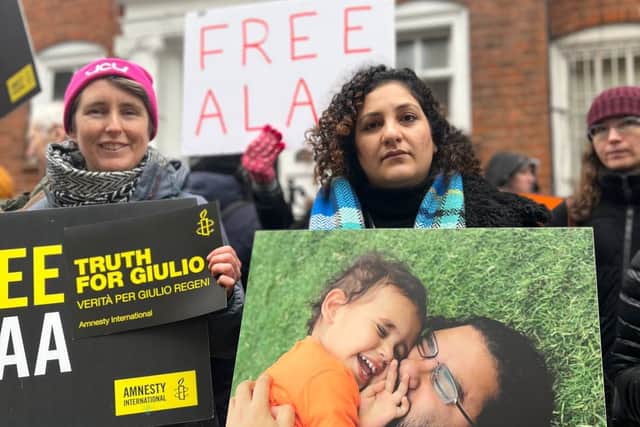 Mona Seif (right) attends a vigil outside the Egyptian Embassy. Credit: Free Alaa