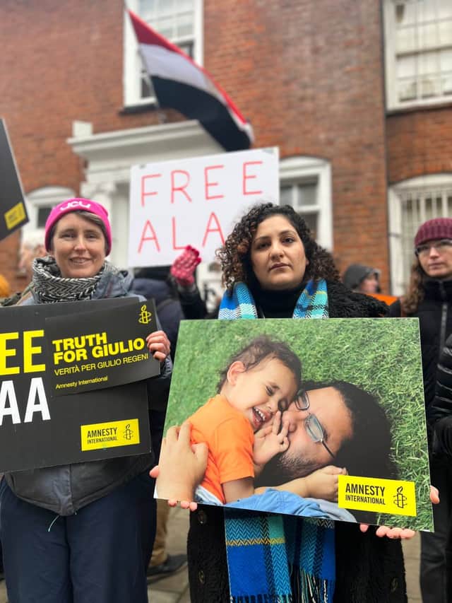 Mona Seif (right) attends a vigil outside the Egyptian Embassy. Credit: Free Alaa