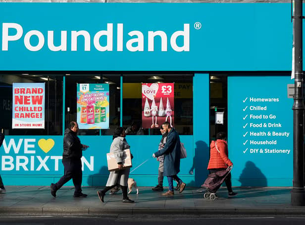 <p>Pedestrians walk past a Poundland shop in Brixton, south London on February 7, 2022. - The Bank of England said Britain's annual inflation rate would peak at 7.25 percent in April, compared with 5.4 percent last December, which was already near a 30-year high. (Photo by Niklas HALLE'N / AFP) (Photo by NIKLAS HALLE'N/AFP via Getty Images)</p>