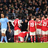 Arsenal manager Mikel Arteta speaking to his players during the FA Cup loss to Man City.