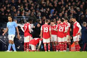 Arsenal manager Mikel Arteta speaking to his players during the FA Cup loss to Man City.