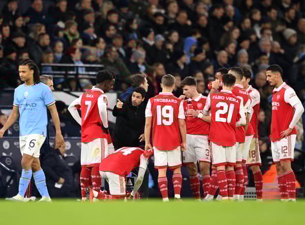 Arsenal manager Mikel Arteta speaking to his players during the FA Cup loss to Man City.