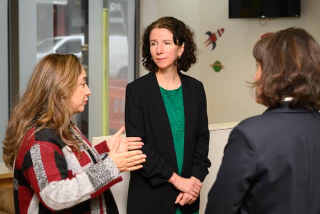 Shadow public health minister Feryal Clark, left, with shadow women and equalities secretary Anneliese Dodds, centre, visiting Victoria Medical Centre. Photo: Getty