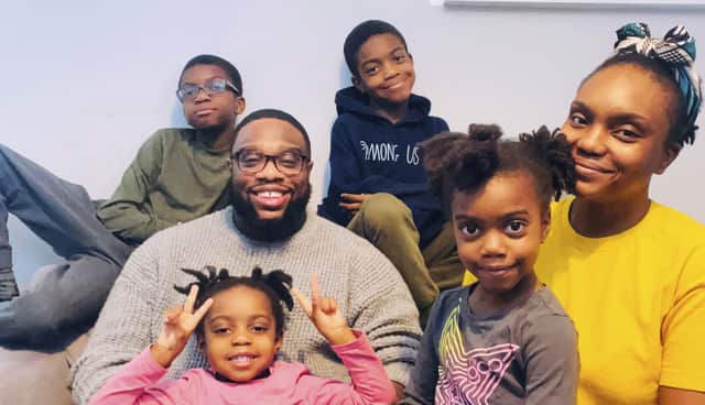 Emmanuel Asuquo and partner Mariam and their four children, Malachi, 10, Ethan, nine, Elle, seven, and Mia-Rae, three.