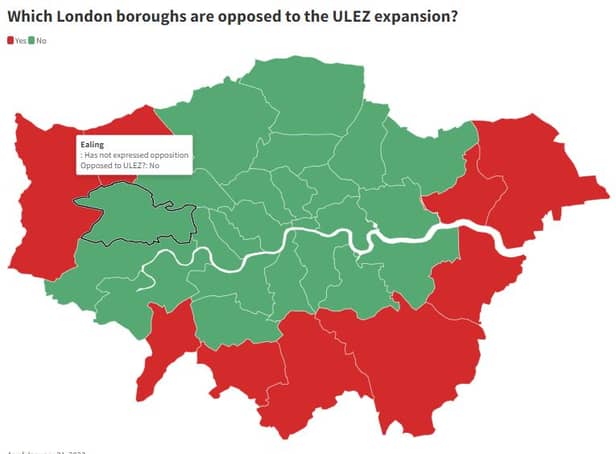<p>Boroughs in opposition to the ULEZ. Photo: Flourish</p>