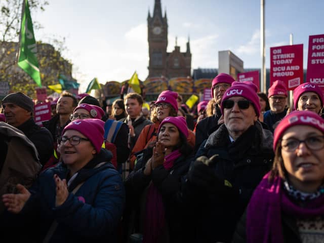  Representatives of National Education Union (NEU), Communication Workers Union (CWU) and the public-service union Unison join a rally by the University and College Union (UCU).