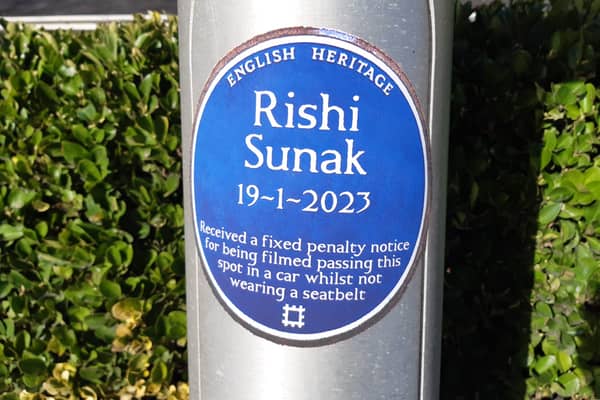 The 'blue plaque' commemorating Rishi Sunak's Fixed Penalty on Squires Gate Lane, Blackpool.