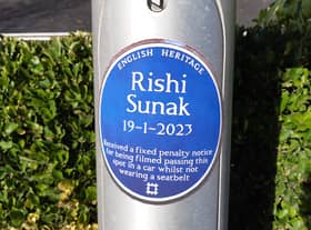 The 'blue plaque' commemorating Rishi Sunak's Fixed Penalty on Squires Gate Lane, Blackpool.