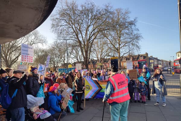 Striking teachers outside Turnpike Lane station. Credit: Haringey Schools/NEU