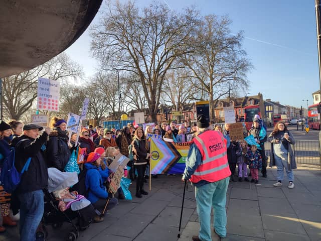 Striking teachers outside Turnpike Lane station. Credit: Haringey Schools/NEU