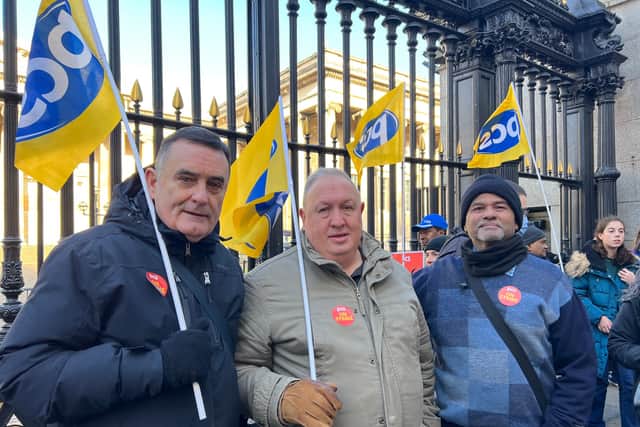 PCS union security guards Joseph Mahoney, Michael Soper and Samuel David on strike at the British Museum.