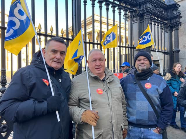  PCS union security guards Joseph Mahoney, Michael Soper and Samuel David on strike at the British Museum.
