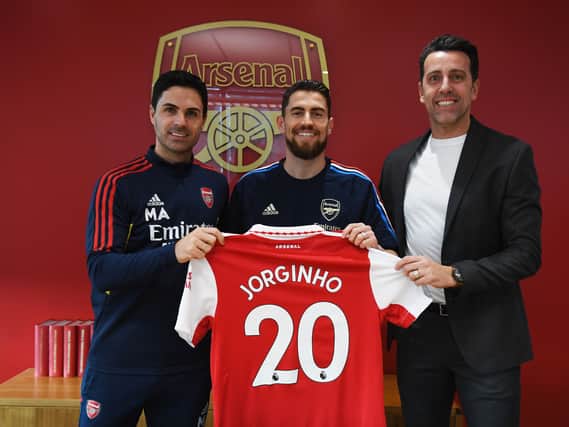 Arsenal manager Mikel Arteta and (R) Sporting Director Edu with (2ndL) new signing Jorginho at London Colney on January 31, 2023 in St Albans, England. (Photo by Stuart MacFarlane/Arsenal FC via Getty Images)