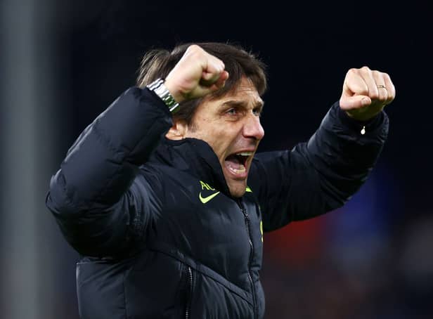 <p> Antonio Conte, Manager of Tottenham Hotspur, celebrates their side’s victory after the Premier League match between Fulham FC (Photo by Clive Rose/Getty Images)</p>